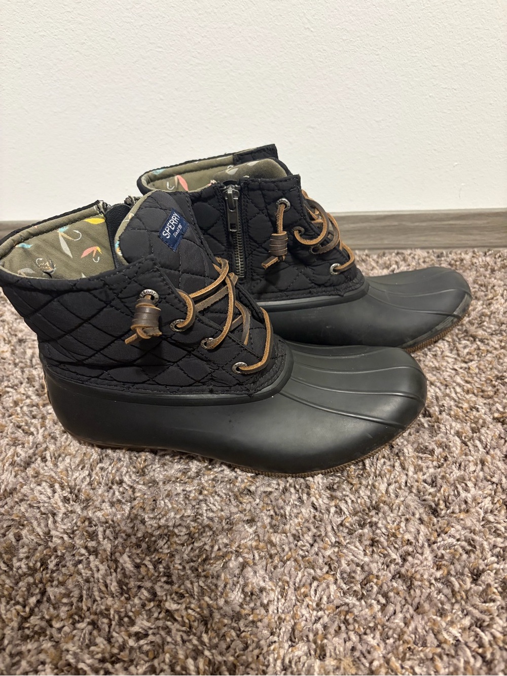 Sperry Black Quilted Rain & Snow Boots with Tan Laces